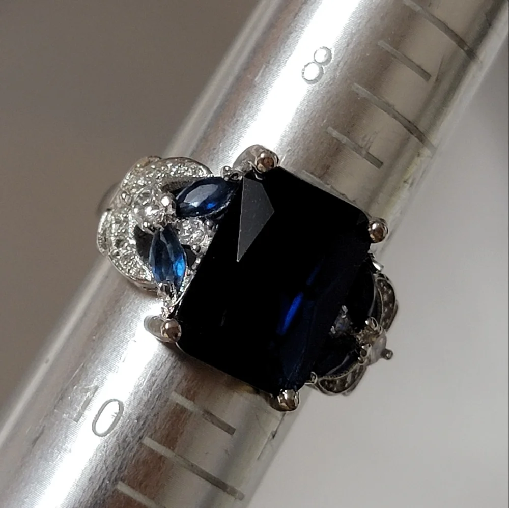 Simulated Sapphire Silver Tone Cocktail Ring Angel Wings and Marquise Stones